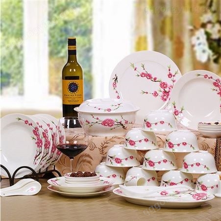 景德镇陶瓷餐具家用中式碗盘 56头经典水点桃花骨瓷餐具套装