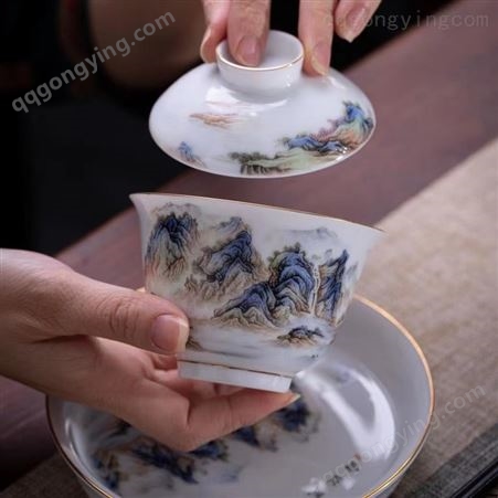景德镇陶瓷功夫茶具家用泡茶器 12头千里江山盖碗茶杯套组送礼