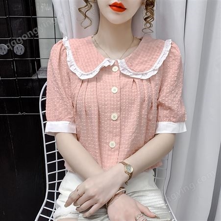 雪纺衬衫女夏装2022年新款韩版设计感娃娃领宽松显瘦短款上衣