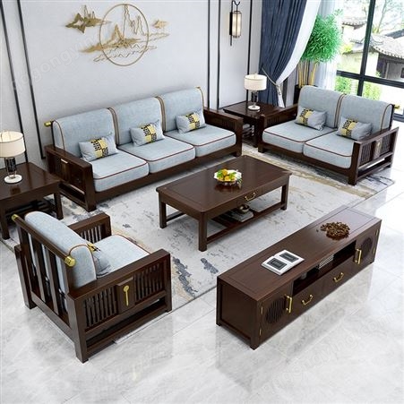 新中式实木布艺沙发组合现代轻奢禅意别墅客厅家具定制