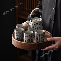 仿古青花旅行茶具套装 户外便携简约提梁茶壶 一壶四杯品茗杯